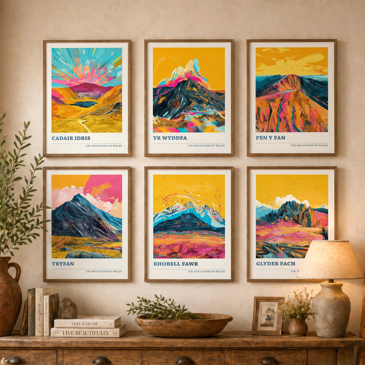 Set of Six Welsh Mountain Art Prints - 6 Bold Posters - Cadair Idris, Yr Wyddfa, Pen y Fan, Tryfan, Rhobell Fawr, Glyder Fach Painting