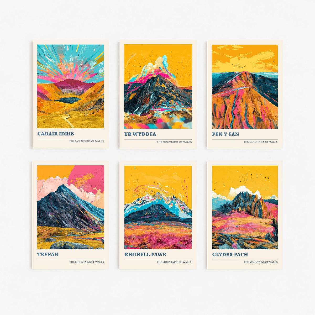 Set of Six Welsh Mountain Art Prints - 6 Bold Posters - Cadair Idris, Yr Wyddfa, Pen y Fan, Tryfan, Rhobell Fawr, Glyder Fach Painting
