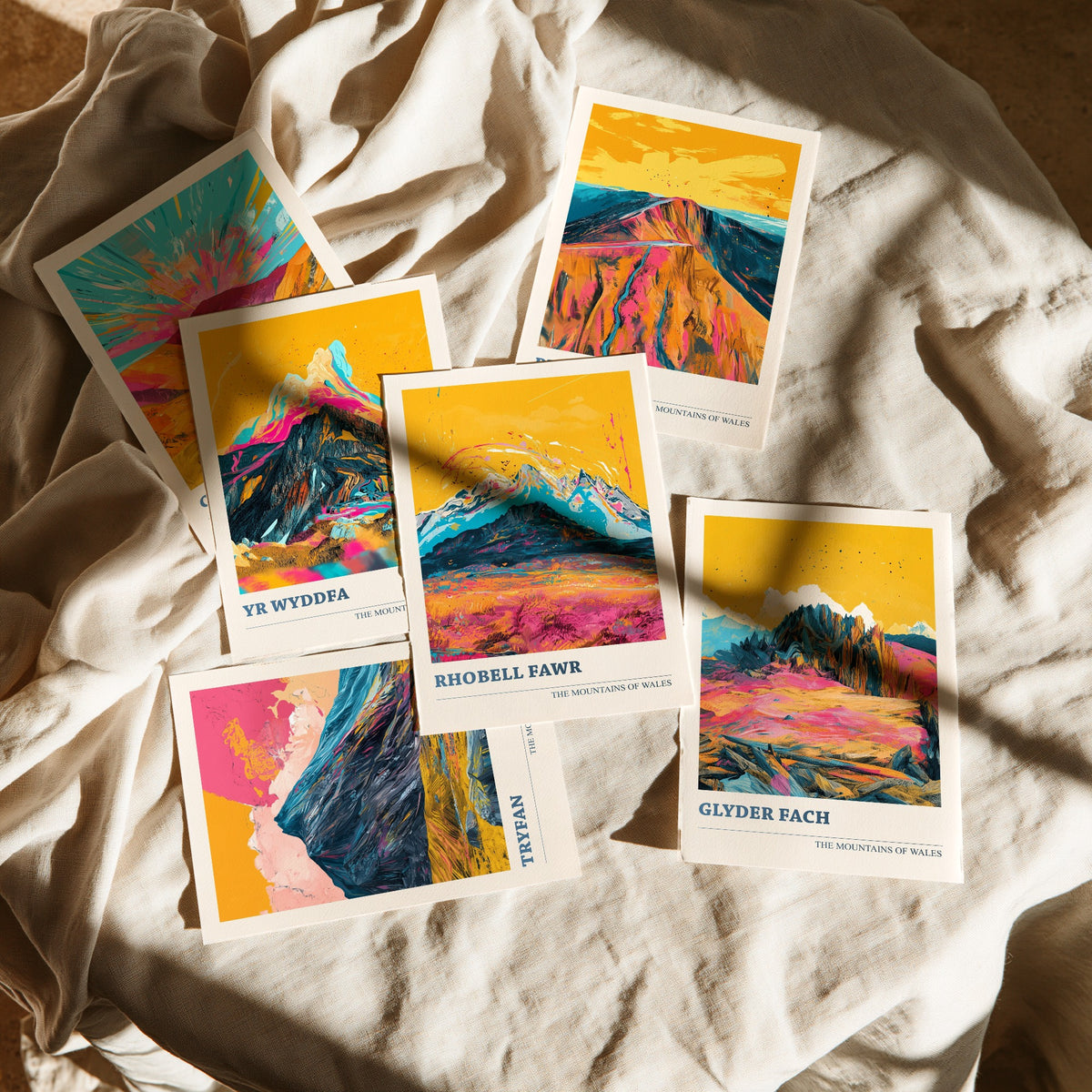 Set of Six Welsh Mountain Art Prints - 6 Bold Posters - Cadair Idris, Yr Wyddfa, Pen y Fan, Tryfan, Rhobell Fawr, Glyder Fach Painting