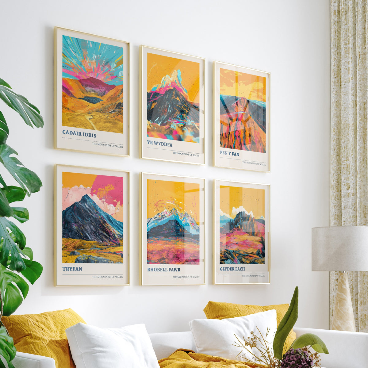 Set of Six Welsh Mountain Art Prints - 6 Bold Posters - Cadair Idris, Yr Wyddfa, Pen y Fan, Tryfan, Rhobell Fawr, Glyder Fach Painting