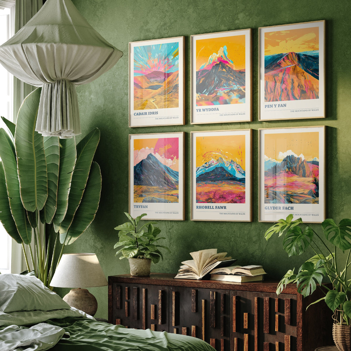 Set of Six Welsh Mountain Art Prints - 6 Bold Posters - Cadair Idris, Yr Wyddfa, Pen y Fan, Tryfan, Rhobell Fawr, Glyder Fach Painting