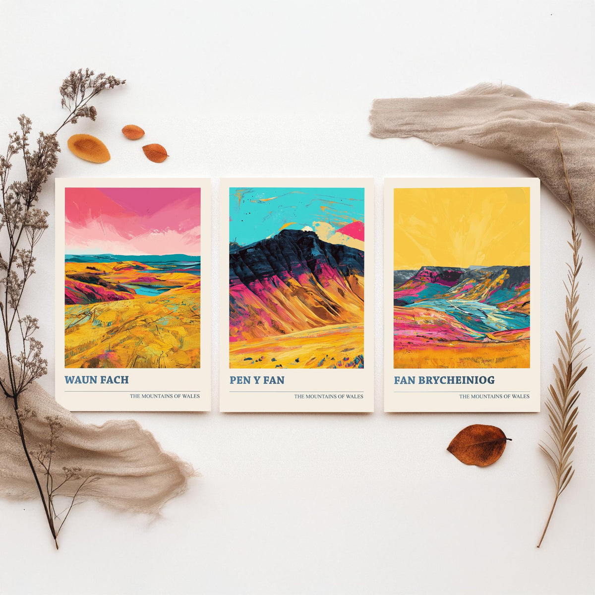 Mountains of Wales Set of Three Prints - Waun Fach, Pen y Fan, Fan Brycheiniog - 3 Brecon Beacons Art Prints Poster Painting Gift V1