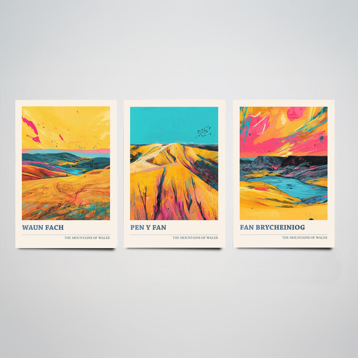 Bannau Brycheiniog Set of Three Prints - Waun Fach, Pen y Fan, Fan Brycheiniog - 3 Welsh Mountain Posters Bold Pop Art Print Painting V2