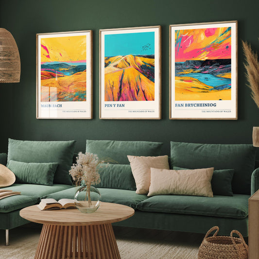 Bannau Brycheiniog Set of Three Prints - Waun Fach, Pen y Fan, Fan Brycheiniog - 3 Welsh Mountain Posters Bold Pop Art Print Painting V2