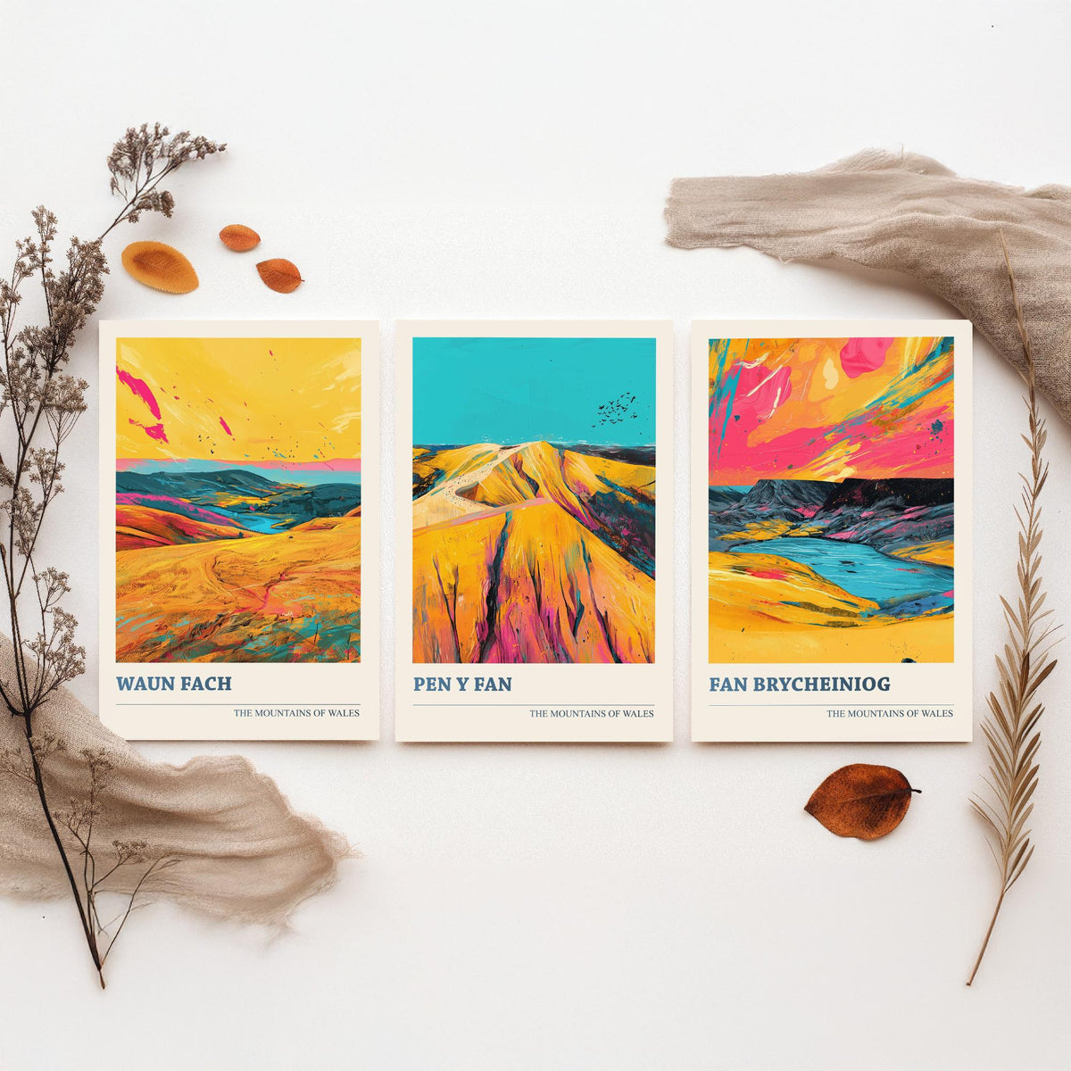 Bannau Brycheiniog Set of Three Prints - Waun Fach, Pen y Fan, Fan Brycheiniog - 3 Welsh Mountain Posters Bold Pop Art Print Painting V2