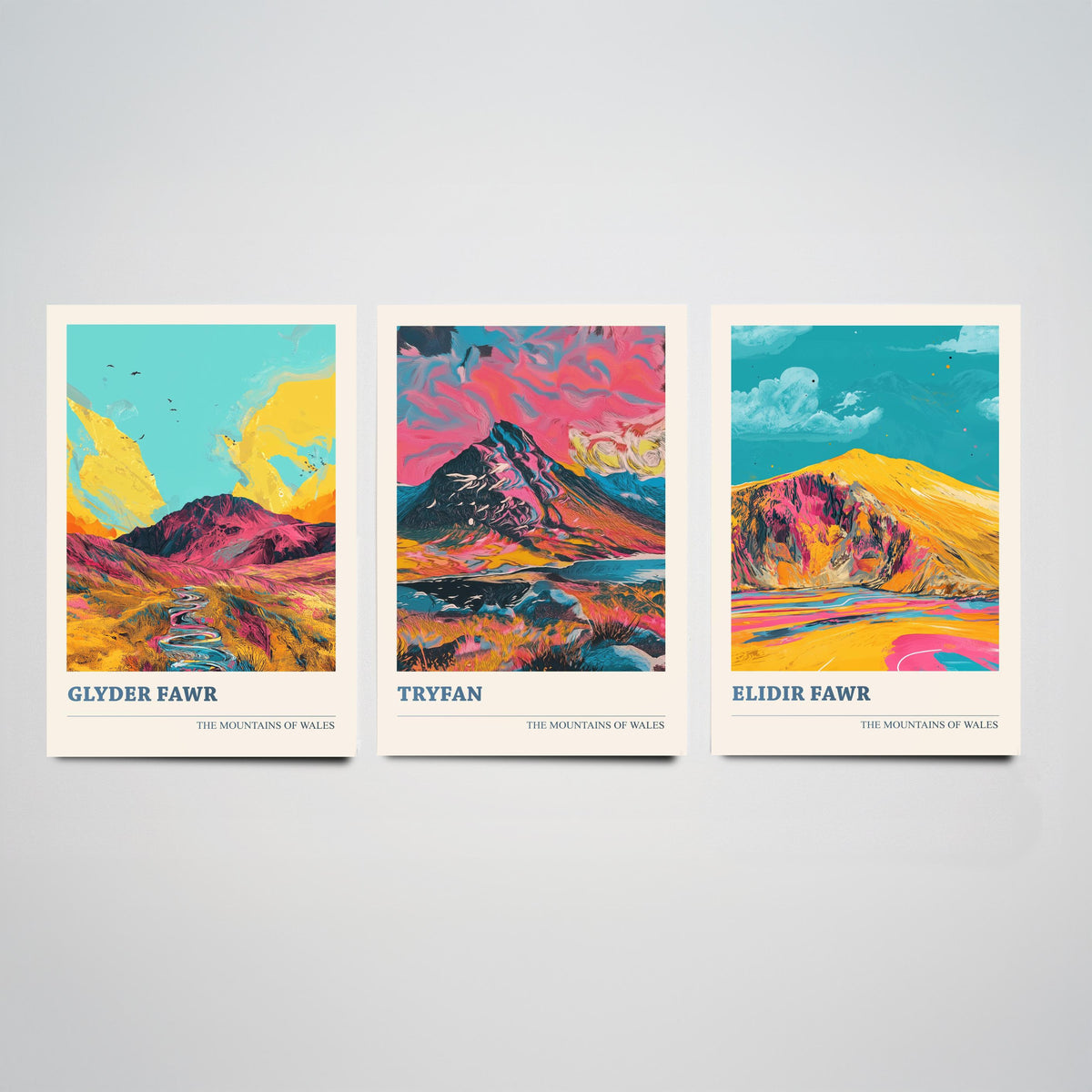 Mountains of Wales Set of Three Prints - Glyder Fawr, Tryfan, Elidir Fawr - 3 Eryri Snowdonia Art Prints Poster Painting Gift V1