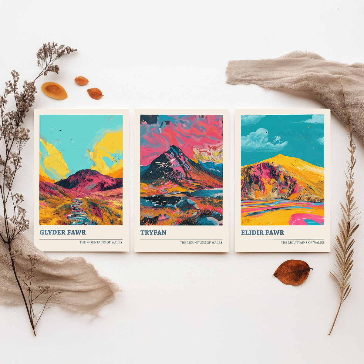 Mountains of Wales Set of Three Prints - Glyder Fawr, Tryfan, Elidir Fawr - 3 Eryri Snowdonia Art Prints Poster Painting Gift V1