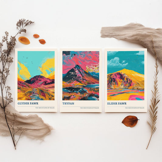 Mountains of Wales Set of Three Prints - Glyder Fawr, Tryfan, Elidir Fawr - 3 Eryri Snowdonia Art Prints Poster Painting Gift V1