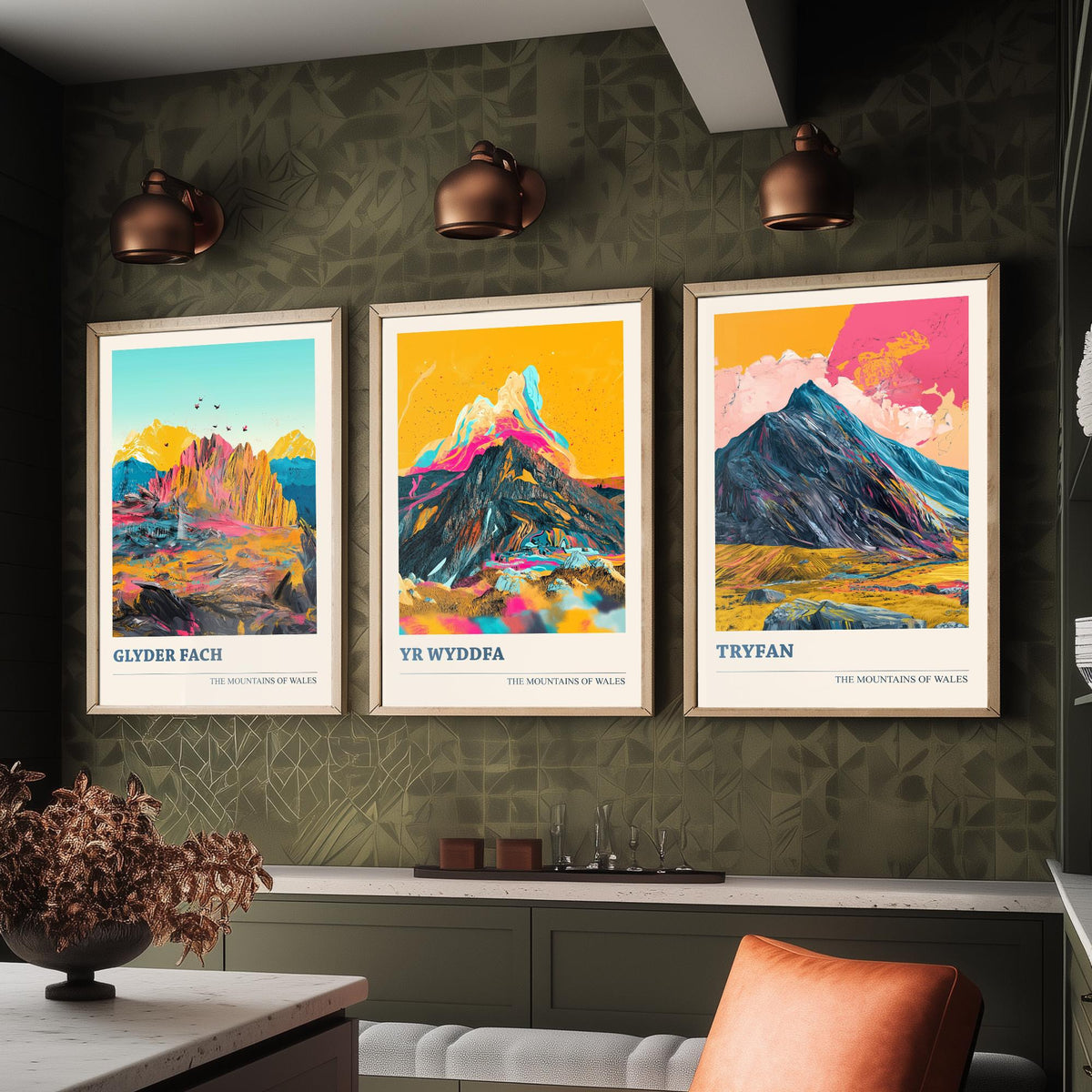 Mountains of Wales Set of Three Prints - Yr Wyddfa Snowdon, Glyder Fach, Tryfan - 3 Eryri Art Prints Poster Painting Gift V1