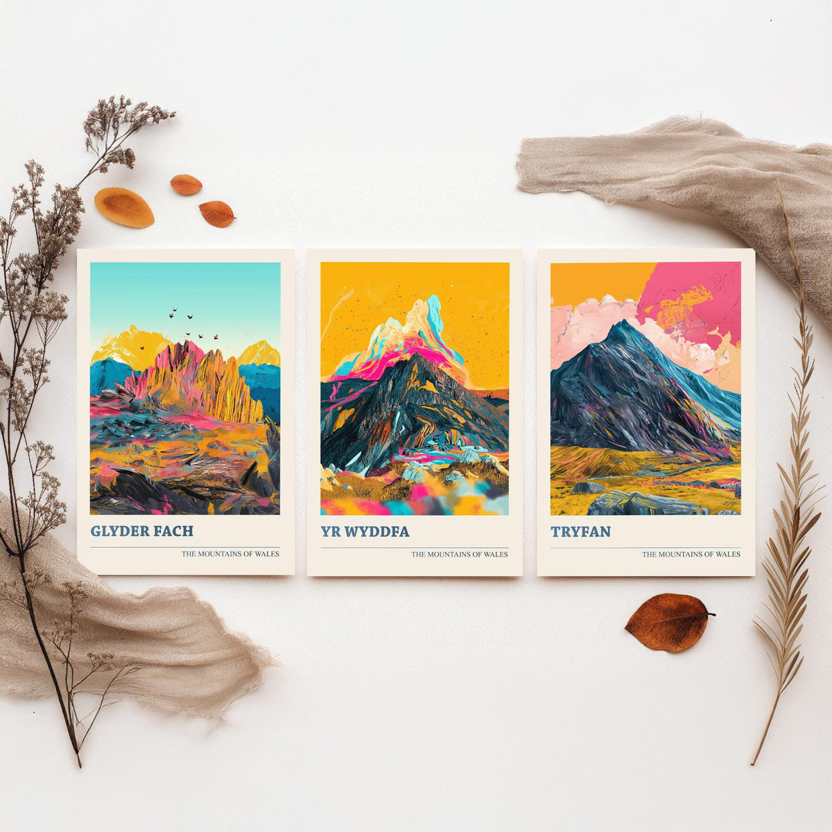 Mountains of Wales Set of Three Prints - Yr Wyddfa Snowdon, Glyder Fach, Tryfan - 3 Eryri Art Prints Poster Painting Gift V1