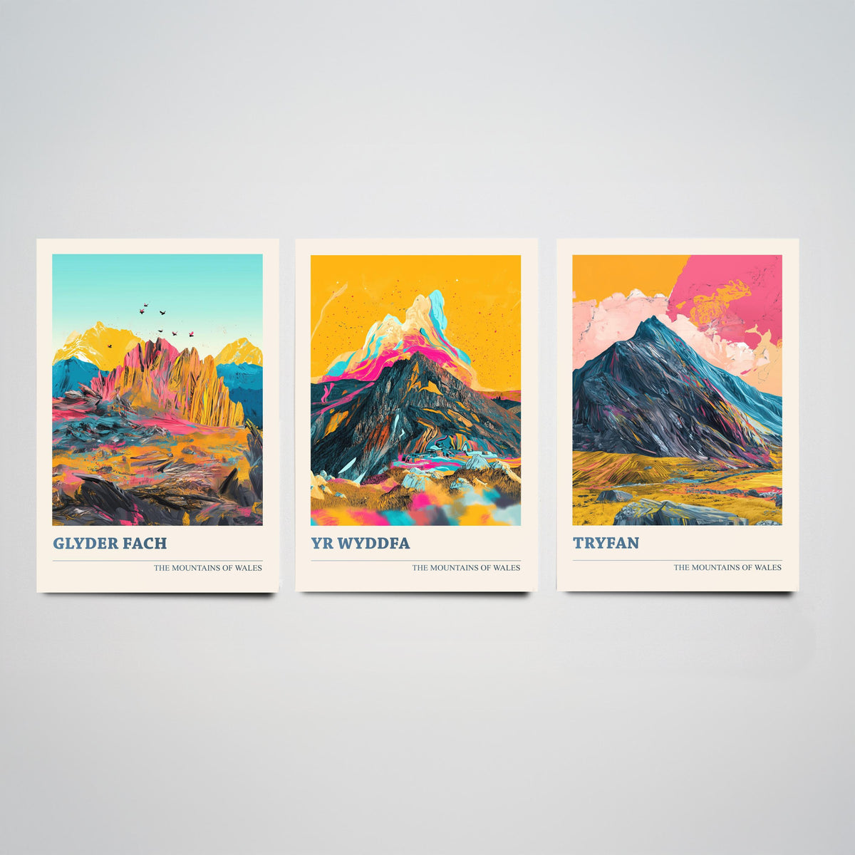 Mountains of Wales Set of Three Prints - Yr Wyddfa Snowdon, Glyder Fach, Tryfan - 3 Eryri Art Prints Poster Painting Gift V1