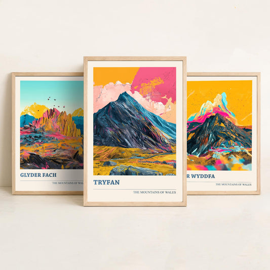 Mountains of Wales Set of Three Prints - Yr Wyddfa Snowdon, Glyder Fach, Tryfan - 3 Eryri Art Prints Poster Painting Gift V1