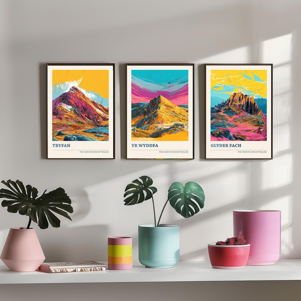 Eryri Snowdonia Set of Three Prints - Tryfan, Yr Wyddfa Snowdon, Glyder Fach - 3 Welsh Mountain Posters Pop Art Print Painting V2