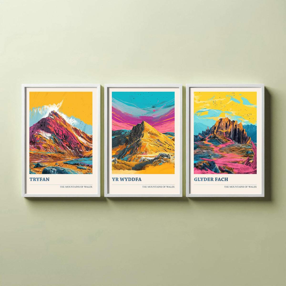 Eryri Snowdonia Set of Three Prints - Tryfan, Yr Wyddfa Snowdon, Glyder Fach - 3 Welsh Mountain Posters Pop Art Print Painting V2