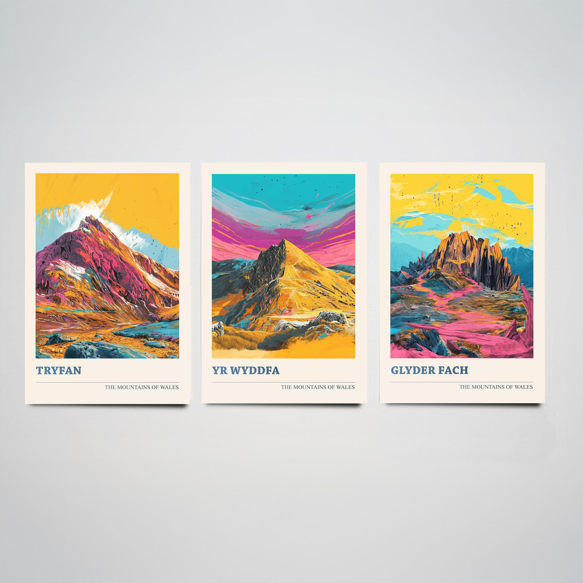Eryri Snowdonia Set of Three Prints - Tryfan, Yr Wyddfa Snowdon, Glyder Fach - 3 Welsh Mountain Posters Pop Art Print Painting V2