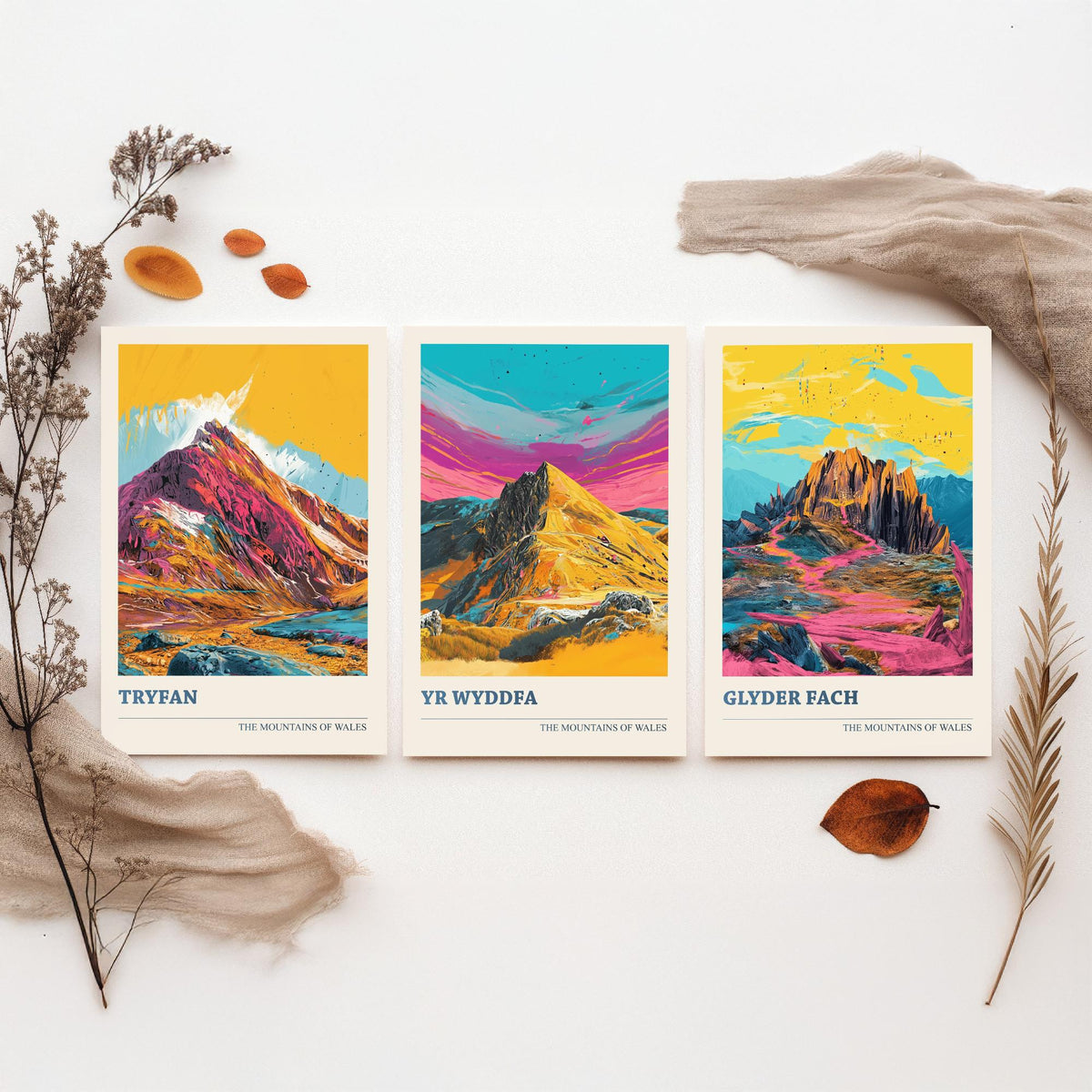 Eryri Snowdonia Set of Three Prints - Tryfan, Yr Wyddfa Snowdon, Glyder Fach - 3 Welsh Mountain Posters Pop Art Print Painting V2