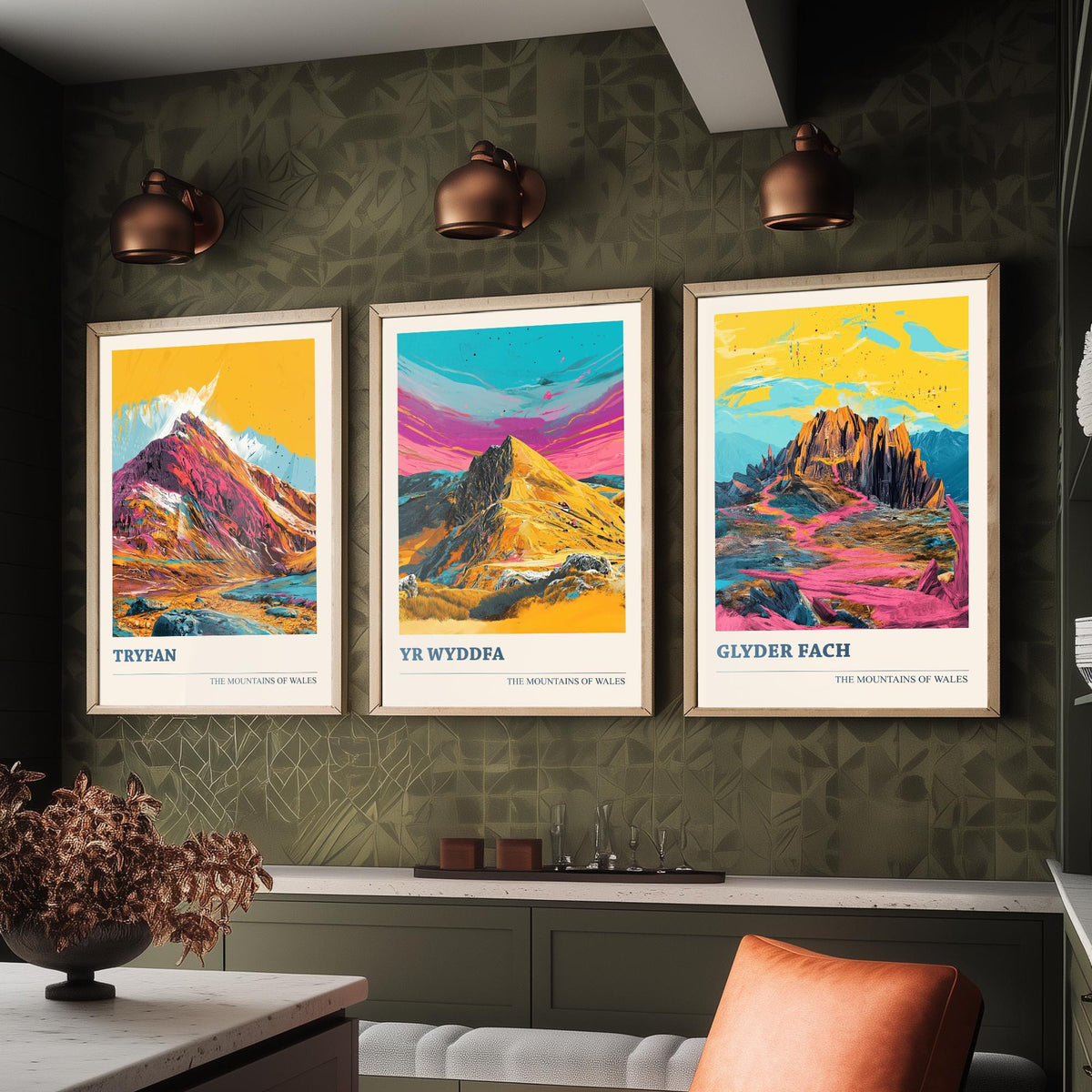Eryri Snowdonia Set of Three Prints - Tryfan, Yr Wyddfa Snowdon, Glyder Fach - 3 Welsh Mountain Posters Pop Art Print Painting V2