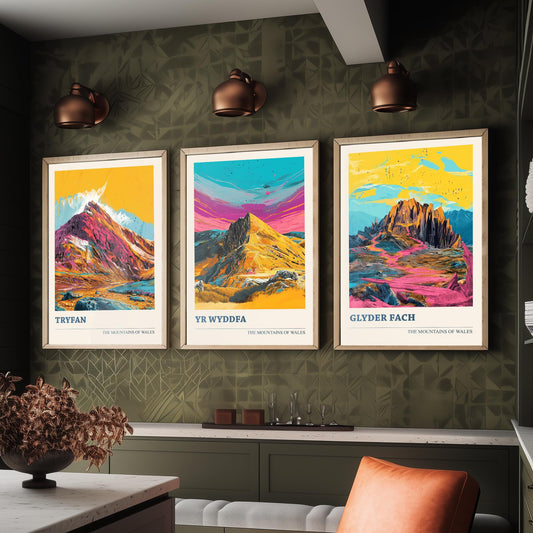 Eryri Snowdonia Set of Three Prints - Tryfan, Yr Wyddfa Snowdon, Glyder Fach - 3 Welsh Mountain Posters Pop Art Print Painting V2