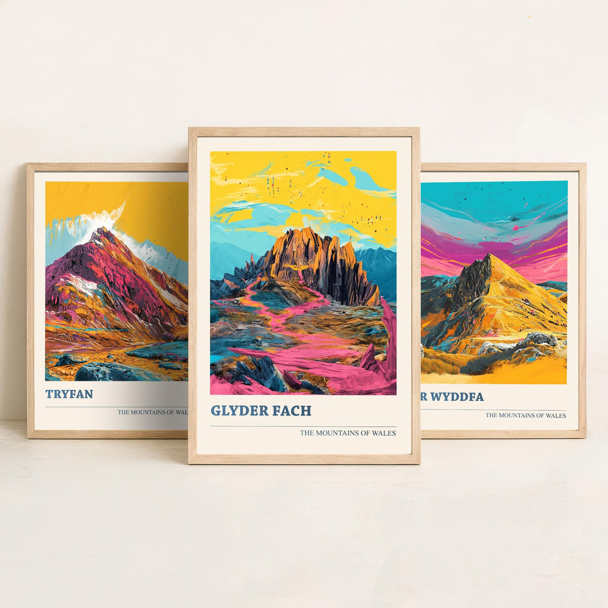 Eryri Snowdonia Set of Three Prints - Tryfan, Yr Wyddfa Snowdon, Glyder Fach - 3 Welsh Mountain Posters Pop Art Print Painting V2