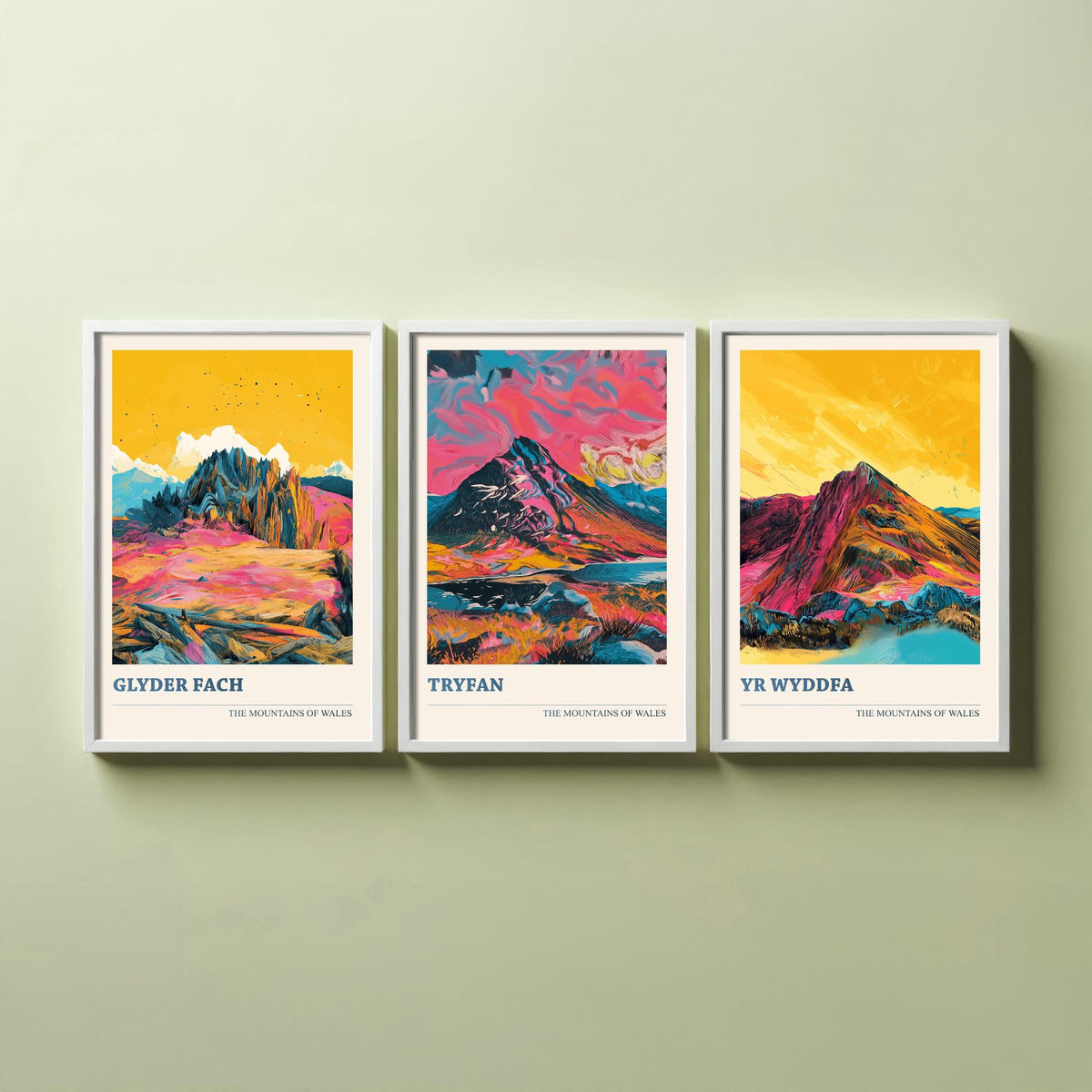 Mountains of Wales Set of Three Prints - Glyder Fach, Tryfan, Yr Wyddfa Snowdon - 3 Vibrant Welsh Peak Art Prints Poster Painting V3