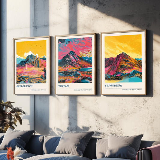 Mountains of Wales Set of Three Prints - Glyder Fach, Tryfan, Yr Wyddfa Snowdon - 3 Vibrant Welsh Peak Art Prints Poster Painting V3