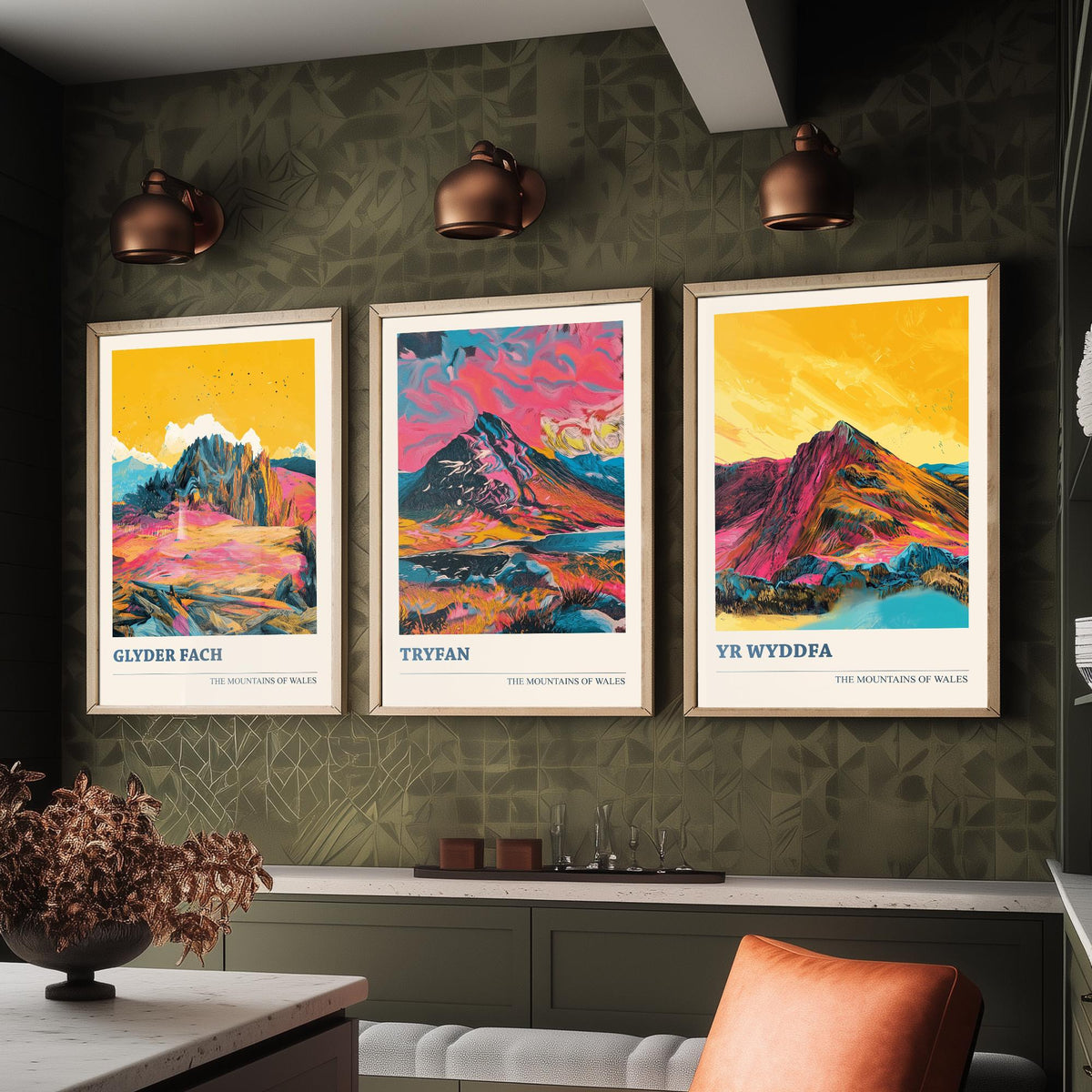Mountains of Wales Set of Three Prints - Glyder Fach, Tryfan, Yr Wyddfa Snowdon - 3 Vibrant Welsh Peak Art Prints Poster Painting V3