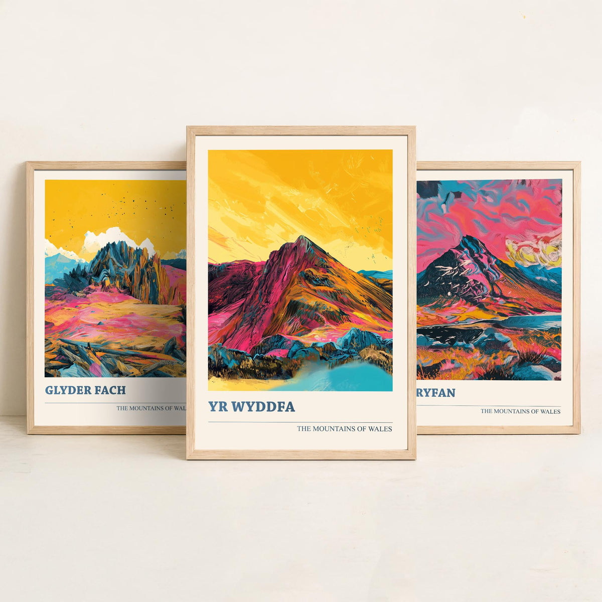Mountains of Wales Set of Three Prints - Glyder Fach, Tryfan, Yr Wyddfa Snowdon - 3 Vibrant Welsh Peak Art Prints Poster Painting V3