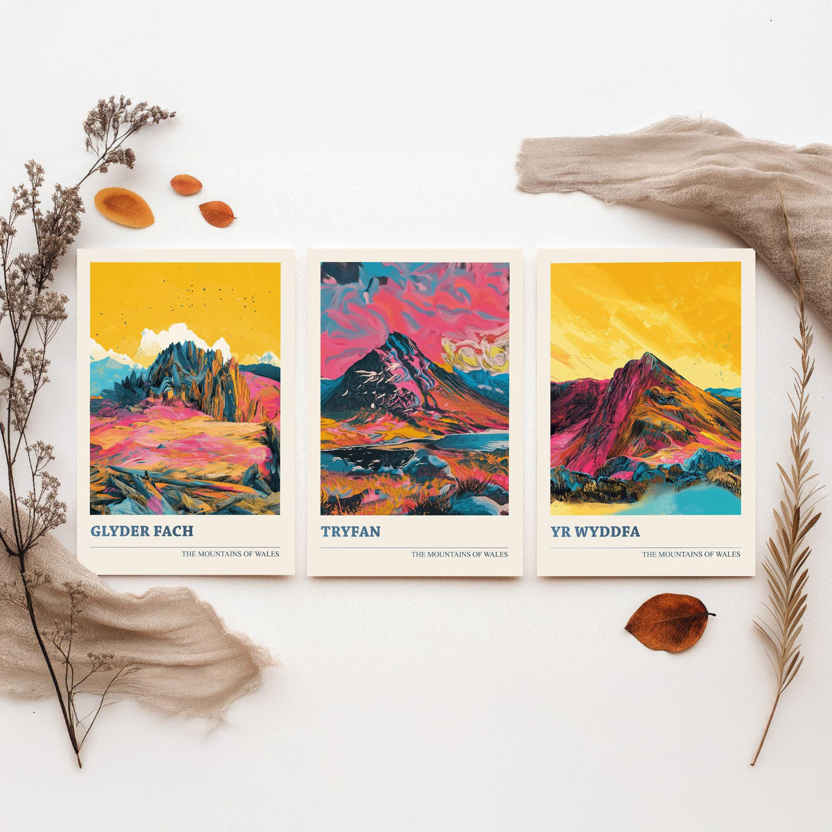 Mountains of Wales Set of Three Prints - Glyder Fach, Tryfan, Yr Wyddfa Snowdon - 3 Vibrant Welsh Peak Art Prints Poster Painting V3