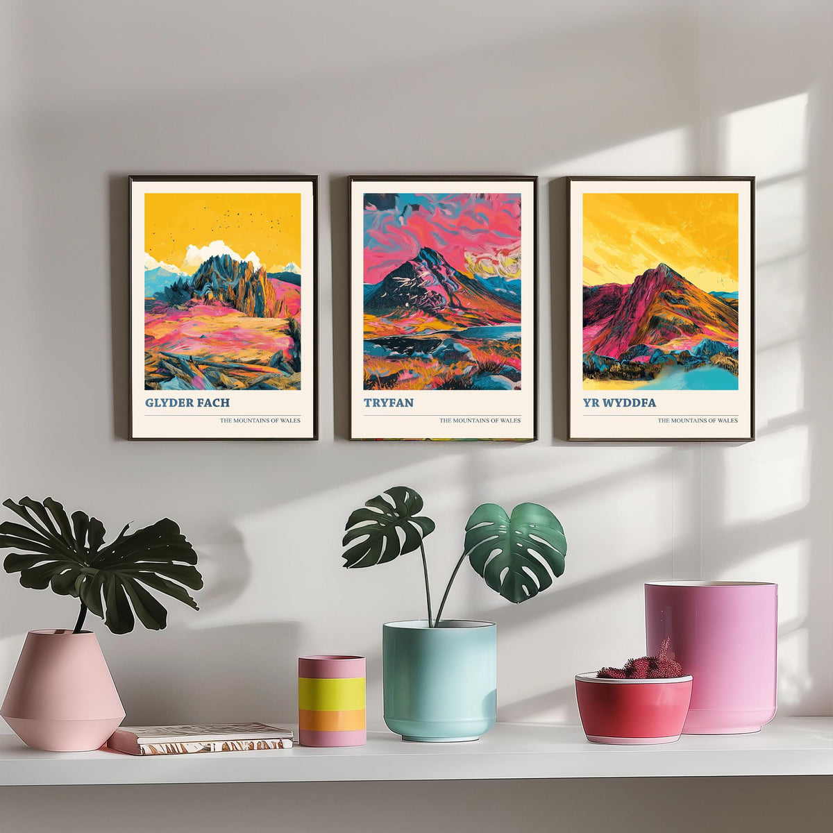 Mountains of Wales Set of Three Prints - Glyder Fach, Tryfan, Yr Wyddfa Snowdon - 3 Vibrant Welsh Peak Art Prints Poster Painting V3
