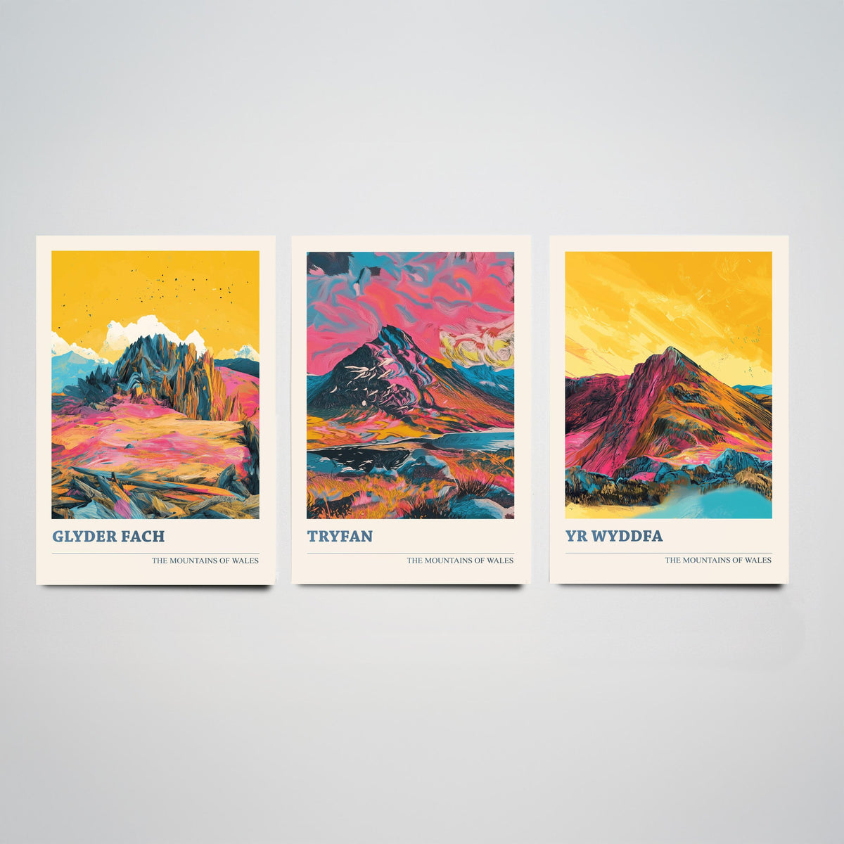 Mountains of Wales Set of Three Prints - Glyder Fach, Tryfan, Yr Wyddfa Snowdon - 3 Vibrant Welsh Peak Art Prints Poster Painting V3