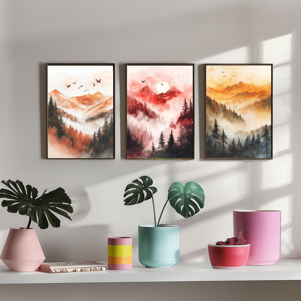 Misty Mountain Forest Set of Three Watercolour Prints - 3 Foggy Pine Tree Landscape Posters - Wall Art Sunrise Nature Painting V1