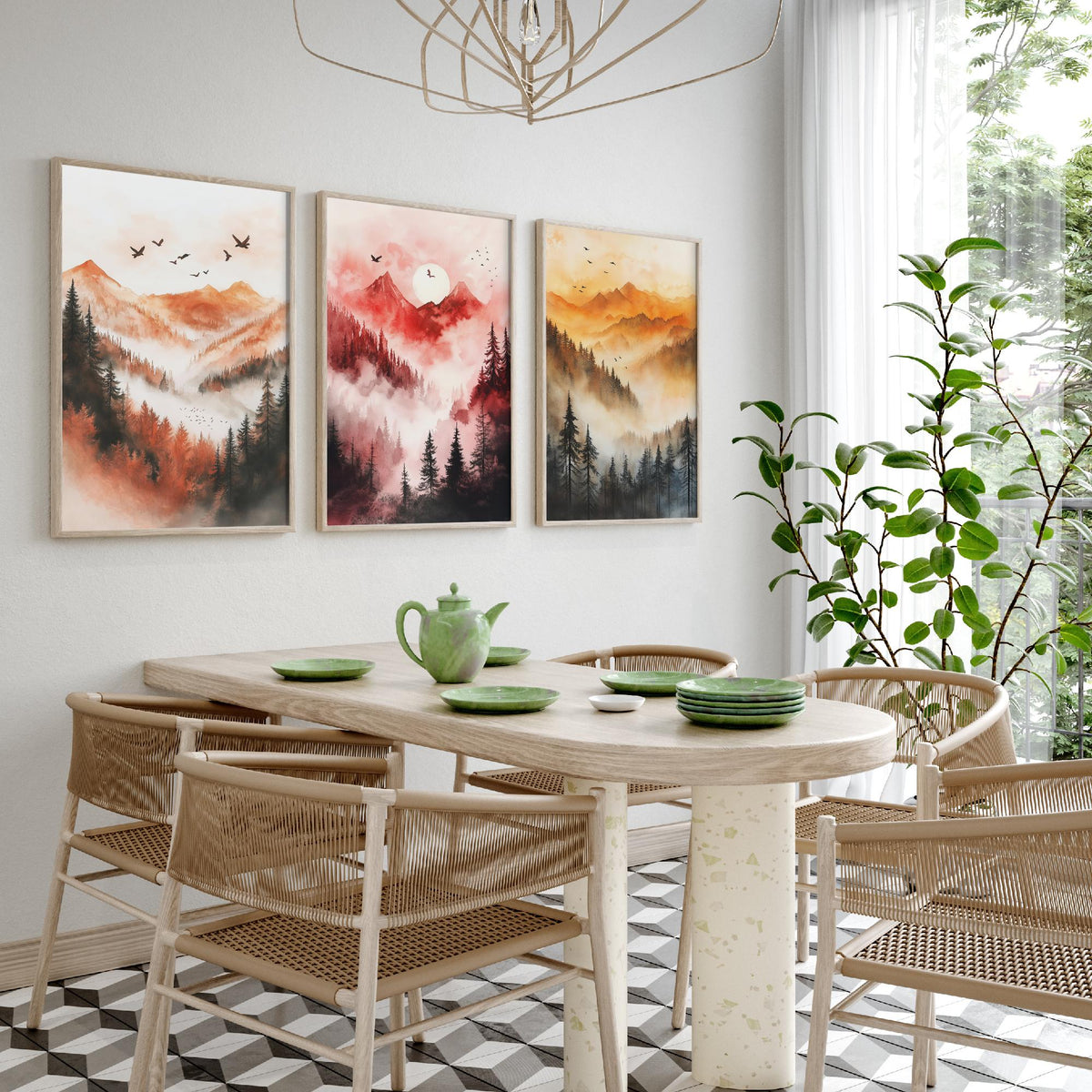 Misty Mountain Forest Set of Three Watercolour Prints - 3 Foggy Pine Tree Landscape Posters - Wall Art Sunrise Nature Painting V1