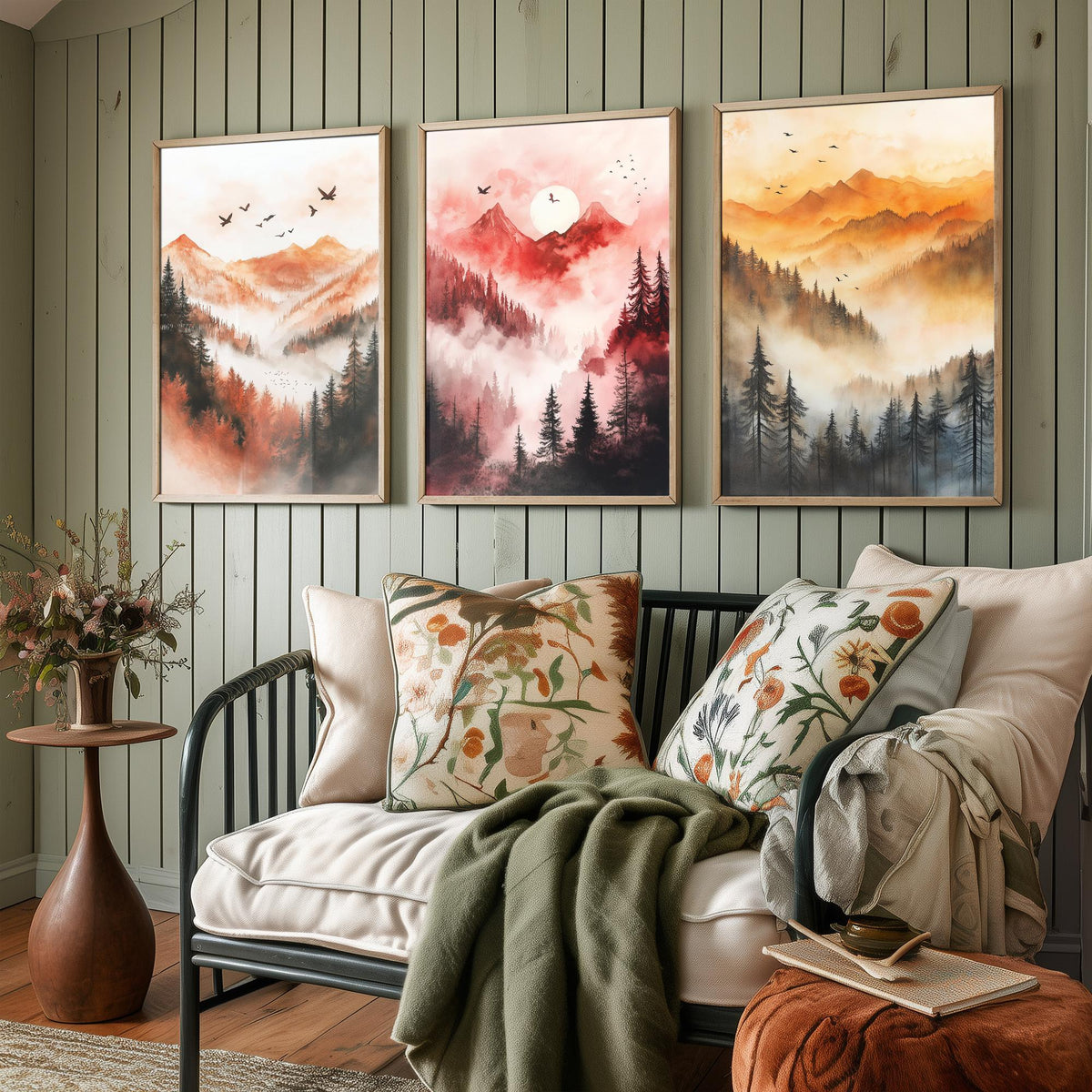 Misty Mountain Forest Set of Three Watercolour Prints - 3 Foggy Pine Tree Landscape Posters - Wall Art Sunrise Nature Painting V1