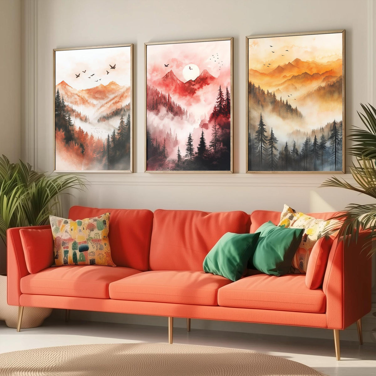Misty Mountain Forest Set of Three Watercolour Prints - 3 Foggy Pine Tree Landscape Posters - Wall Art Sunrise Nature Painting V1