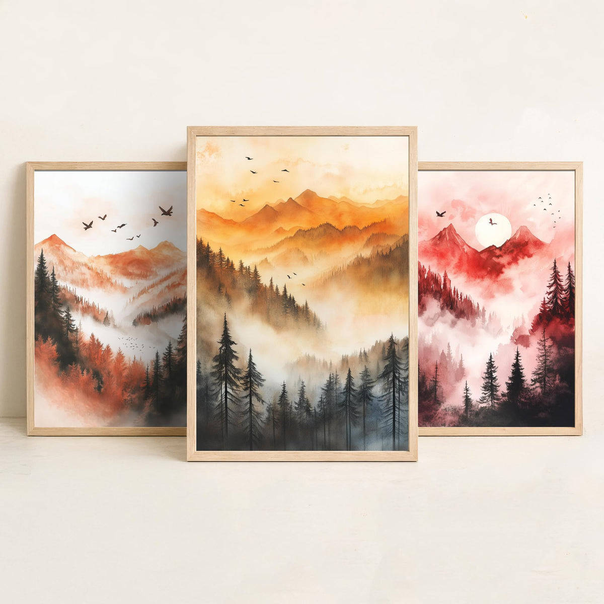 Misty Mountain Forest Set of Three Watercolour Prints - 3 Foggy Pine Tree Landscape Posters - Wall Art Sunrise Nature Painting V1