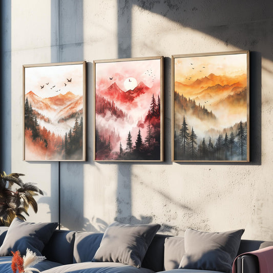 Misty Mountain Forest Set of Three Watercolour Prints - 3 Foggy Pine Tree Landscape Posters - Wall Art Sunrise Nature Painting V1