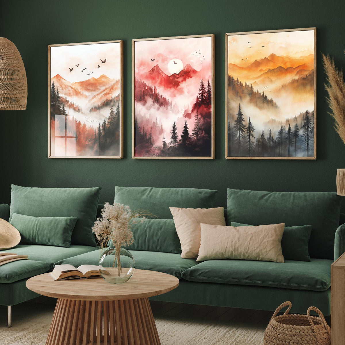 Misty Mountain Forest Set of Three Watercolour Prints - 3 Foggy Pine Tree Landscape Posters - Wall Art Sunrise Nature Painting V1