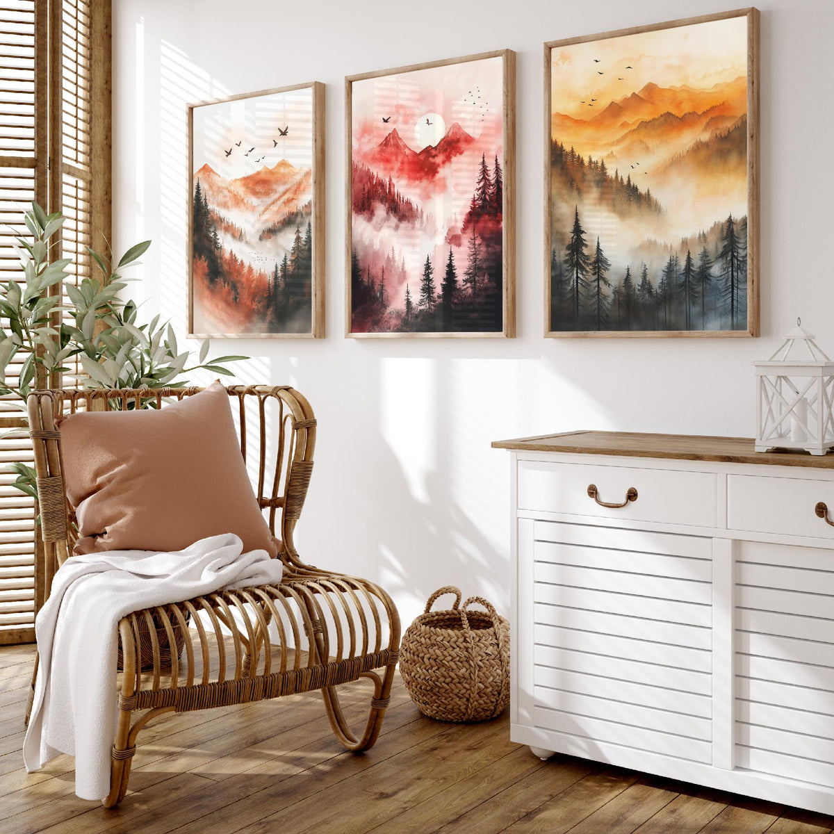 Misty Mountain Forest Set of Three Watercolour Prints - 3 Foggy Pine Tree Landscape Posters - Wall Art Sunrise Nature Painting V1