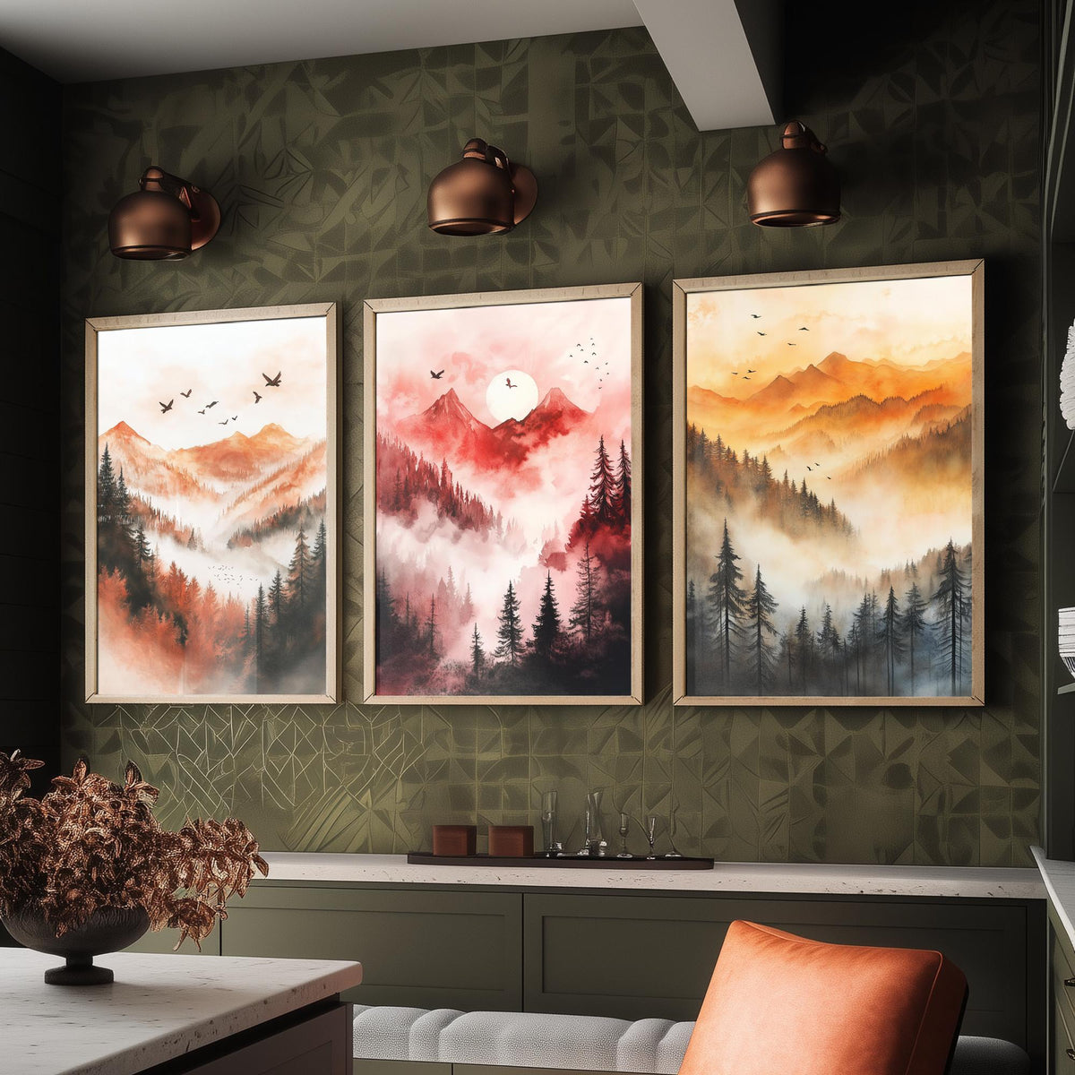 Misty Mountain Forest Set of Three Watercolour Prints - 3 Foggy Pine Tree Landscape Posters - Wall Art Sunrise Nature Painting V1