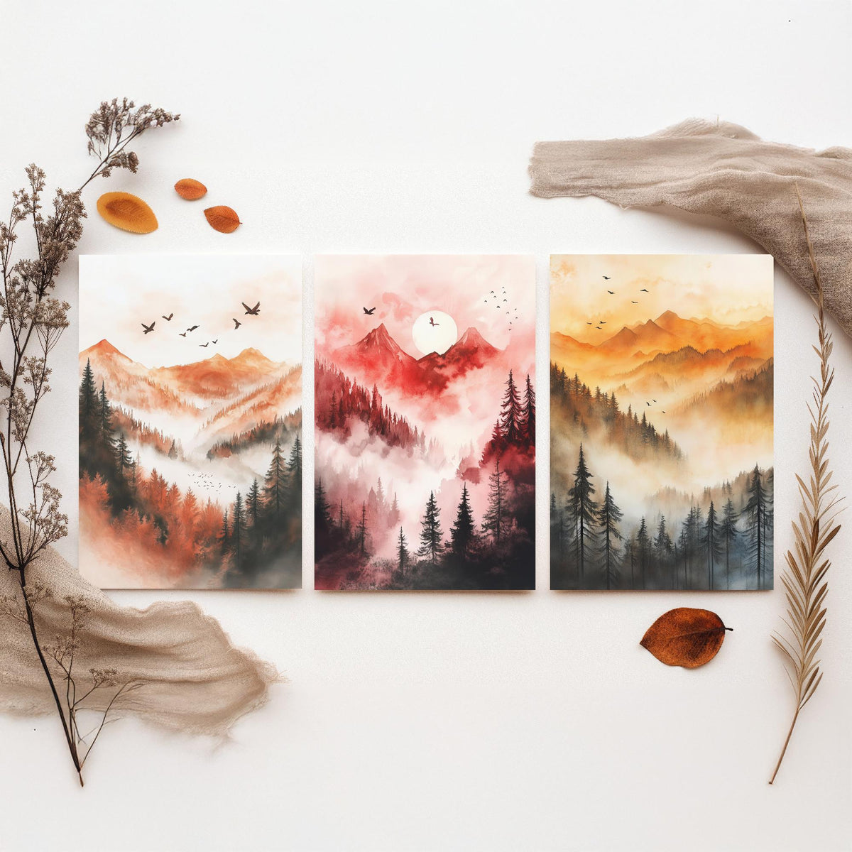 Misty Mountain Forest Set of Three Watercolour Prints - 3 Foggy Pine Tree Landscape Posters - Wall Art Sunrise Nature Painting V1
