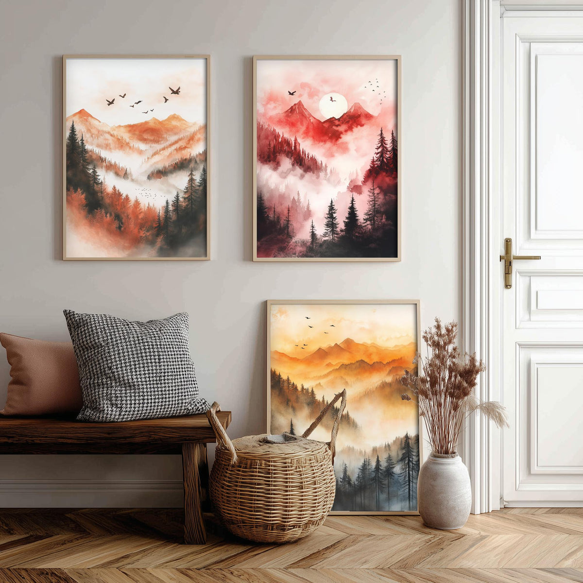 Misty Mountain Forest Set of Three Watercolour Prints - 3 Foggy Pine Tree Landscape Posters - Wall Art Sunrise Nature Painting V1