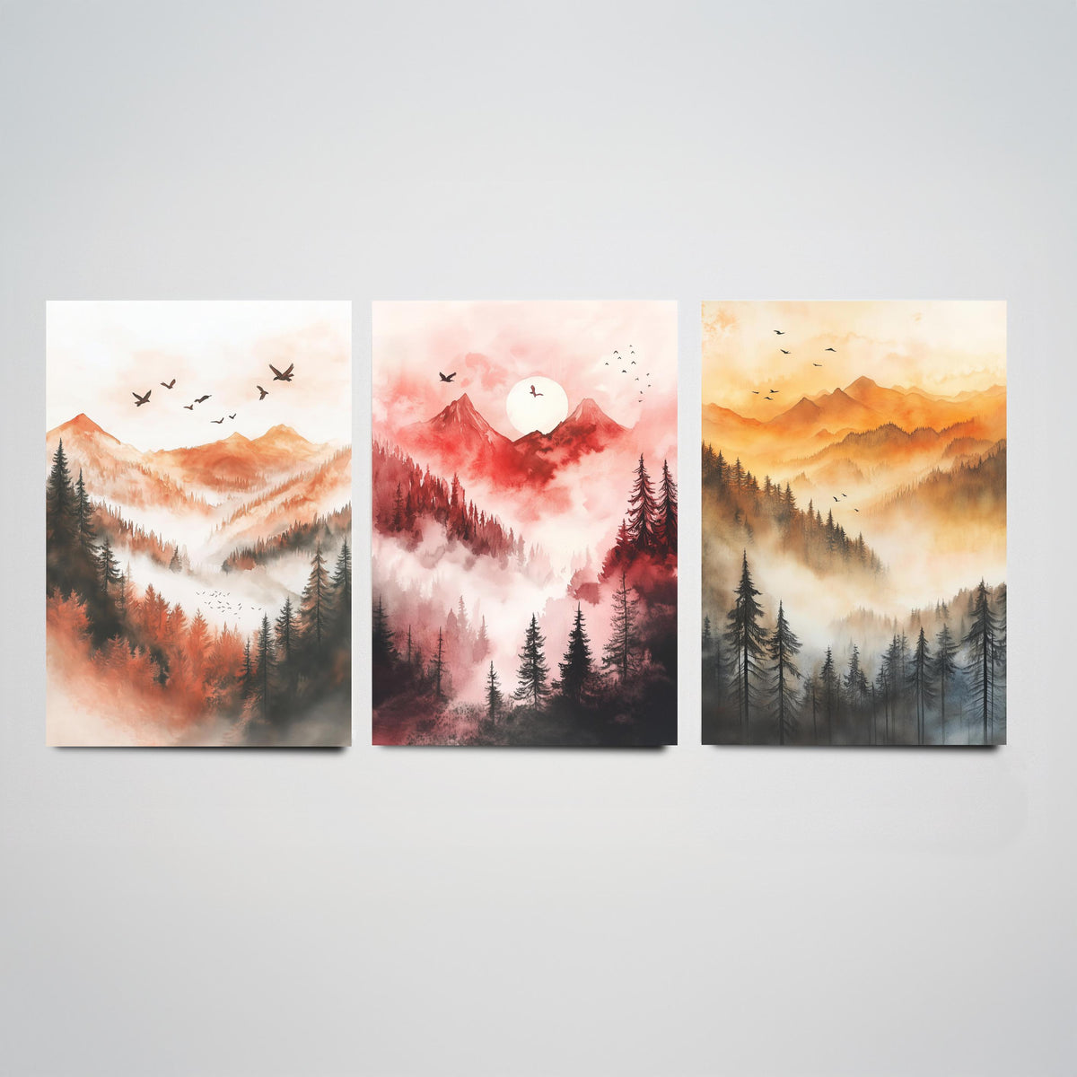 Misty Mountain Forest Set of Three Watercolour Prints - 3 Foggy Pine Tree Landscape Posters - Wall Art Sunrise Nature Painting V1
