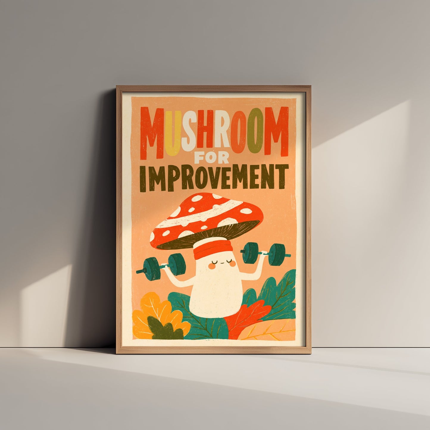 Mushroom for Improvement Art Print - Funny Toadstool Gym Pun Poster - Retro Kitchen Illustration - Motivational Fungi Wall Decor
