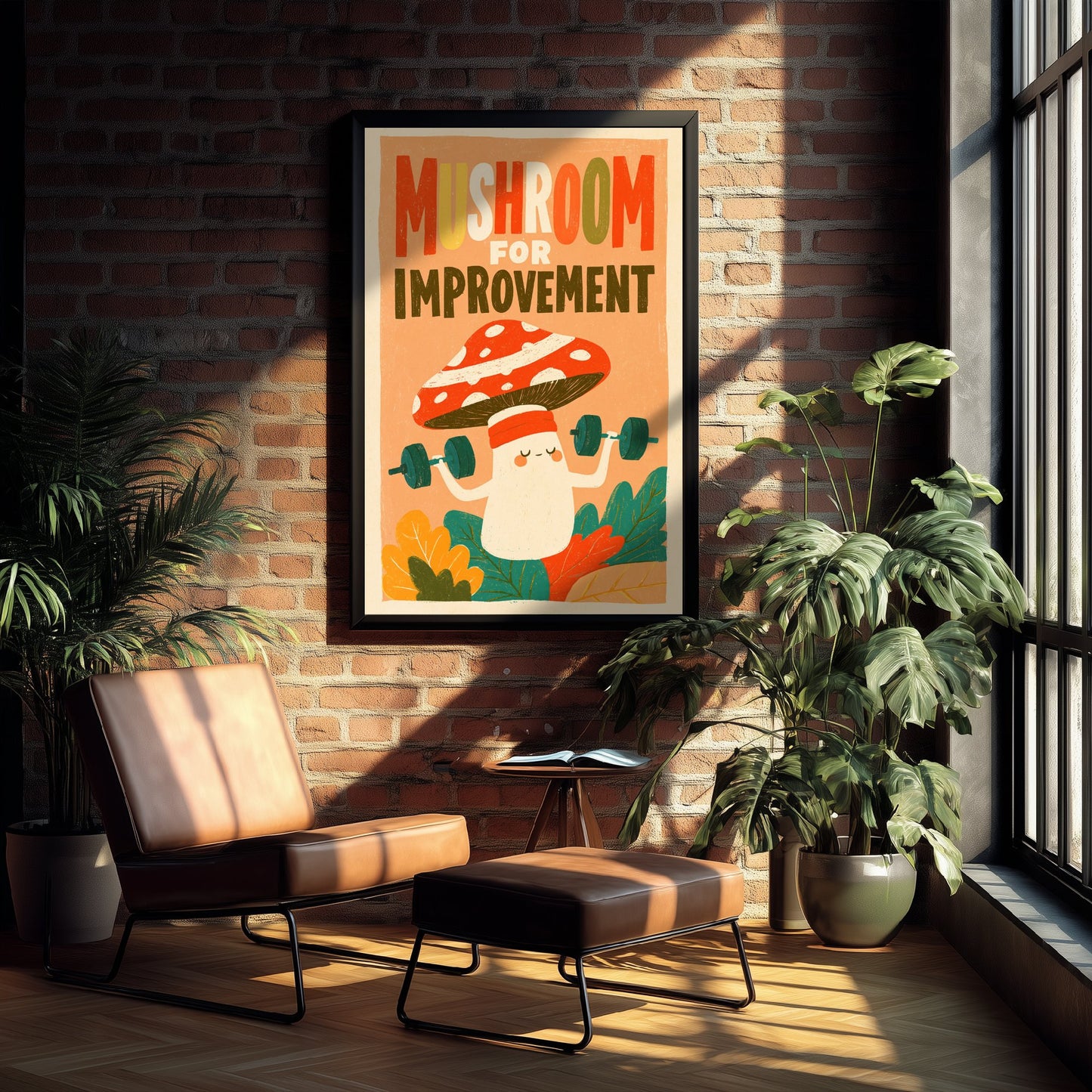 Mushroom for Improvement Art Print - Funny Toadstool Gym Pun Poster - Retro Kitchen Illustration - Motivational Fungi Wall Decor