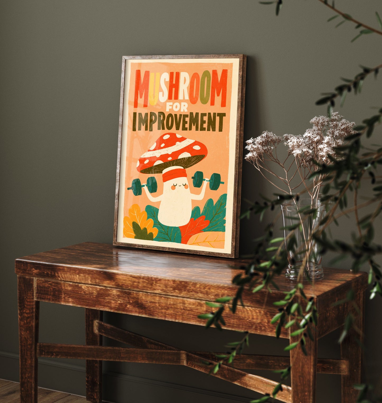 Mushroom for Improvement Art Print - Funny Toadstool Gym Pun Poster - Retro Kitchen Illustration - Motivational Fungi Wall Decor