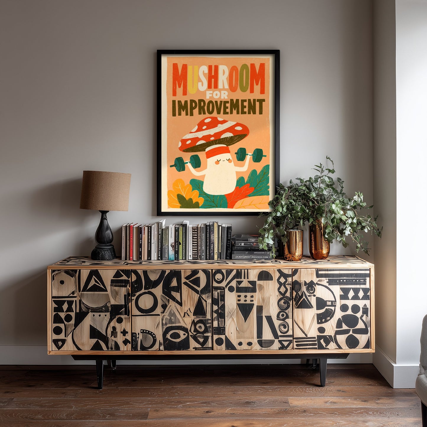 Mushroom for Improvement Art Print - Funny Toadstool Gym Pun Poster - Retro Kitchen Illustration - Motivational Fungi Wall Decor