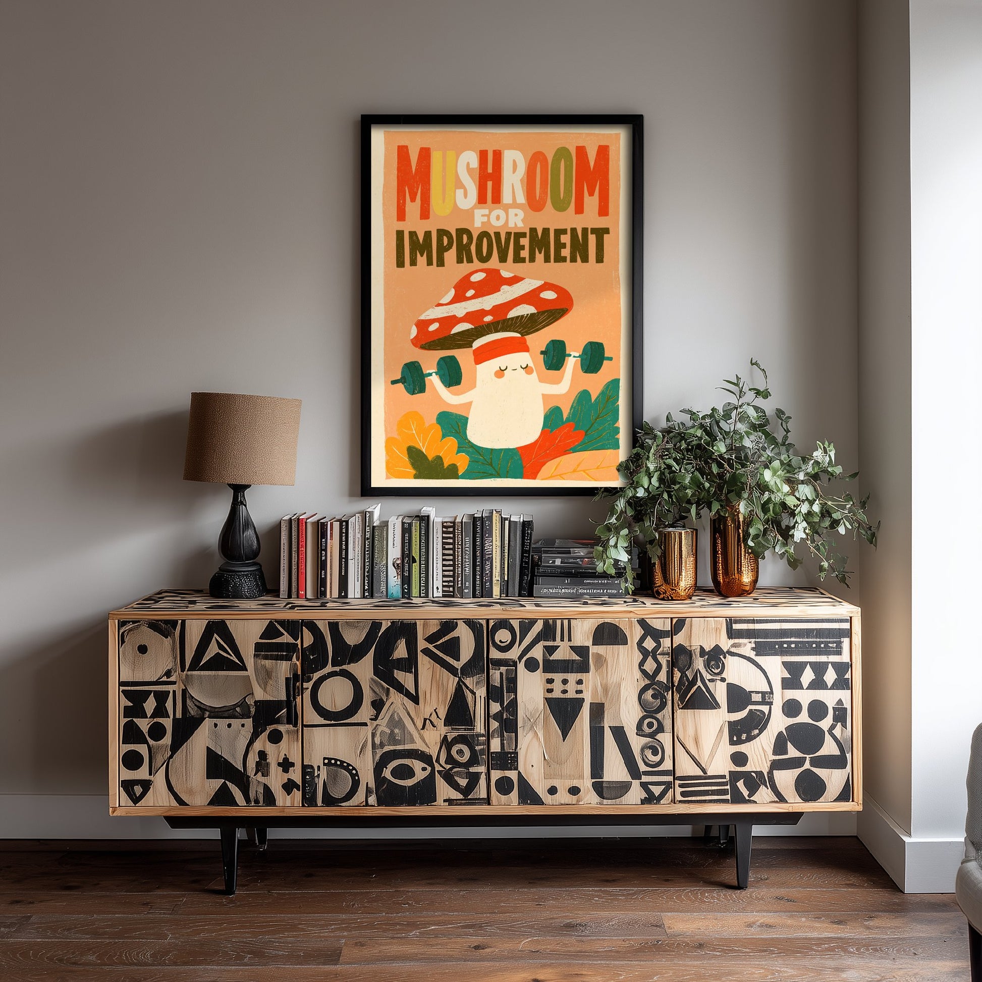 Mushroom for Improvement Art Print - Funny Toadstool Gym Pun Poster - Retro Kitchen Illustration - Motivational Fungi Wall Decor