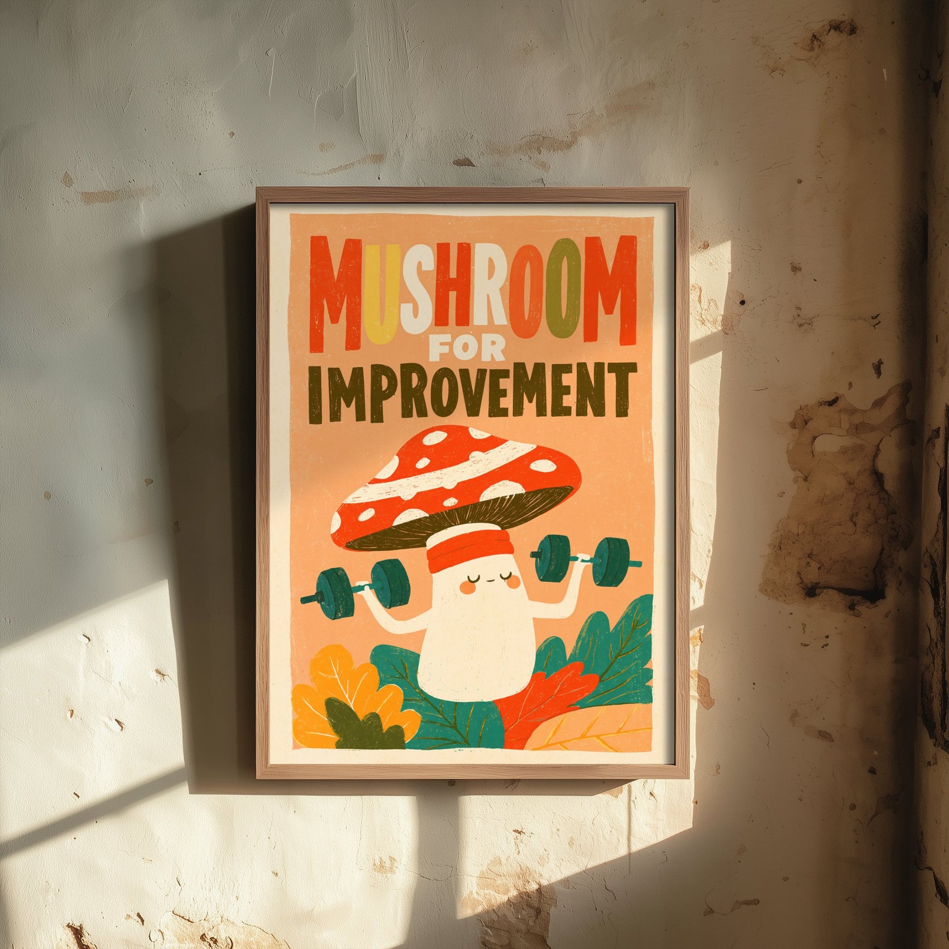 Mushroom for Improvement Art Print - Funny Toadstool Gym Pun Poster - Retro Kitchen Illustration - Motivational Fungi Wall Decor