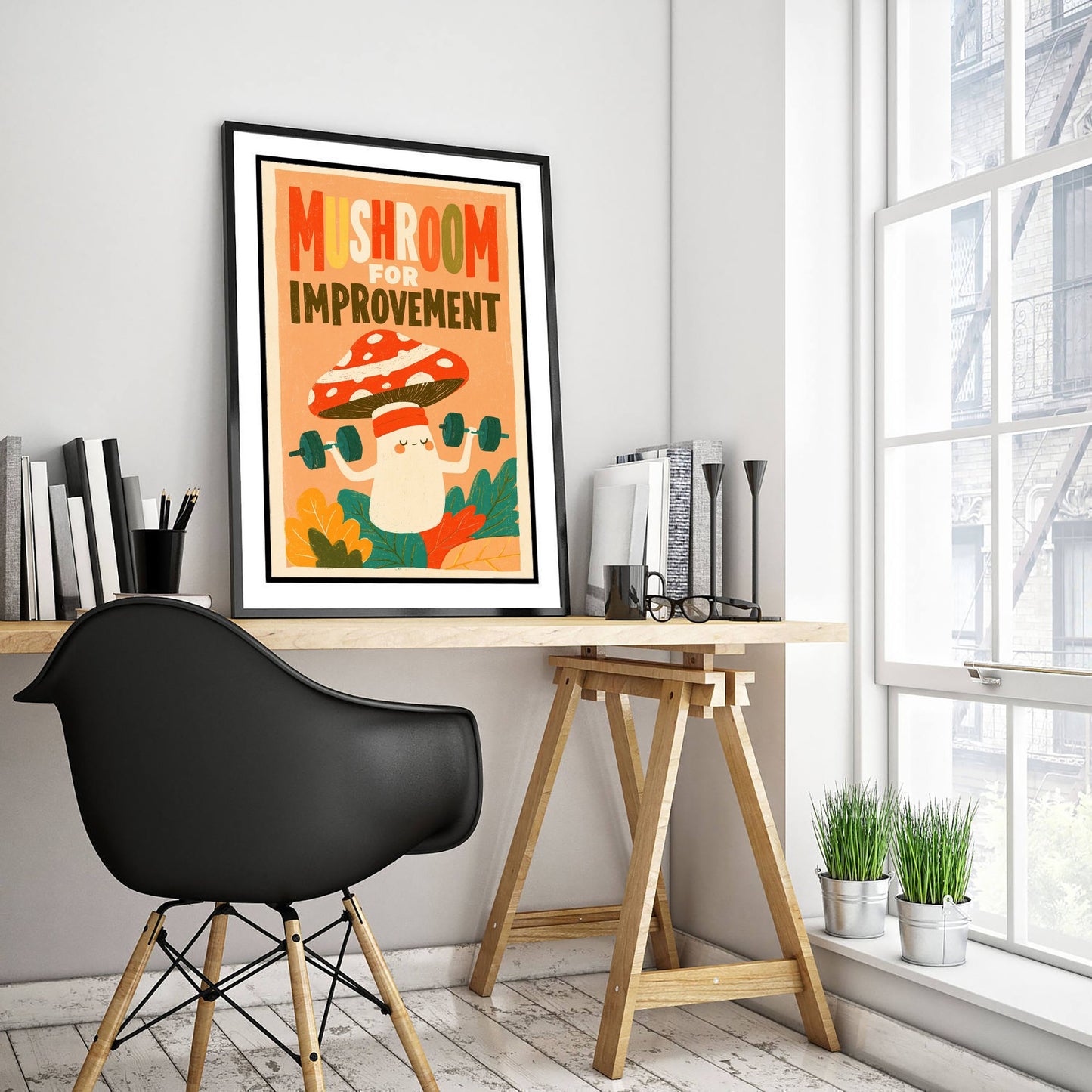 Mushroom for Improvement Art Print - Funny Toadstool Gym Pun Poster - Retro Kitchen Illustration - Motivational Fungi Wall Decor