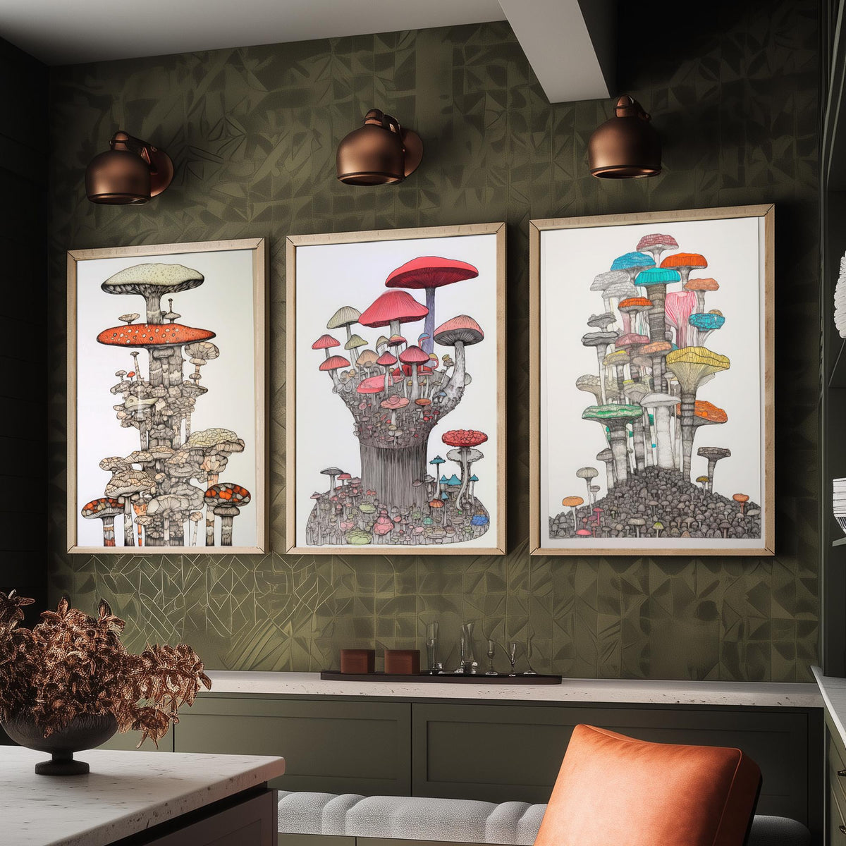 Mushroom Towers Set of Three Art Prints - Detailed Fungi Line Drawings - Whimsical Botanical Poster Illustration